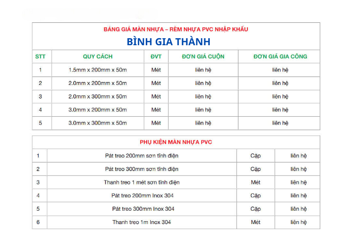 BÁO GIÁ LẮP ĐẶT MÀN NHỰA RÈM NHỰA PVC MỚI NHẤT 2025